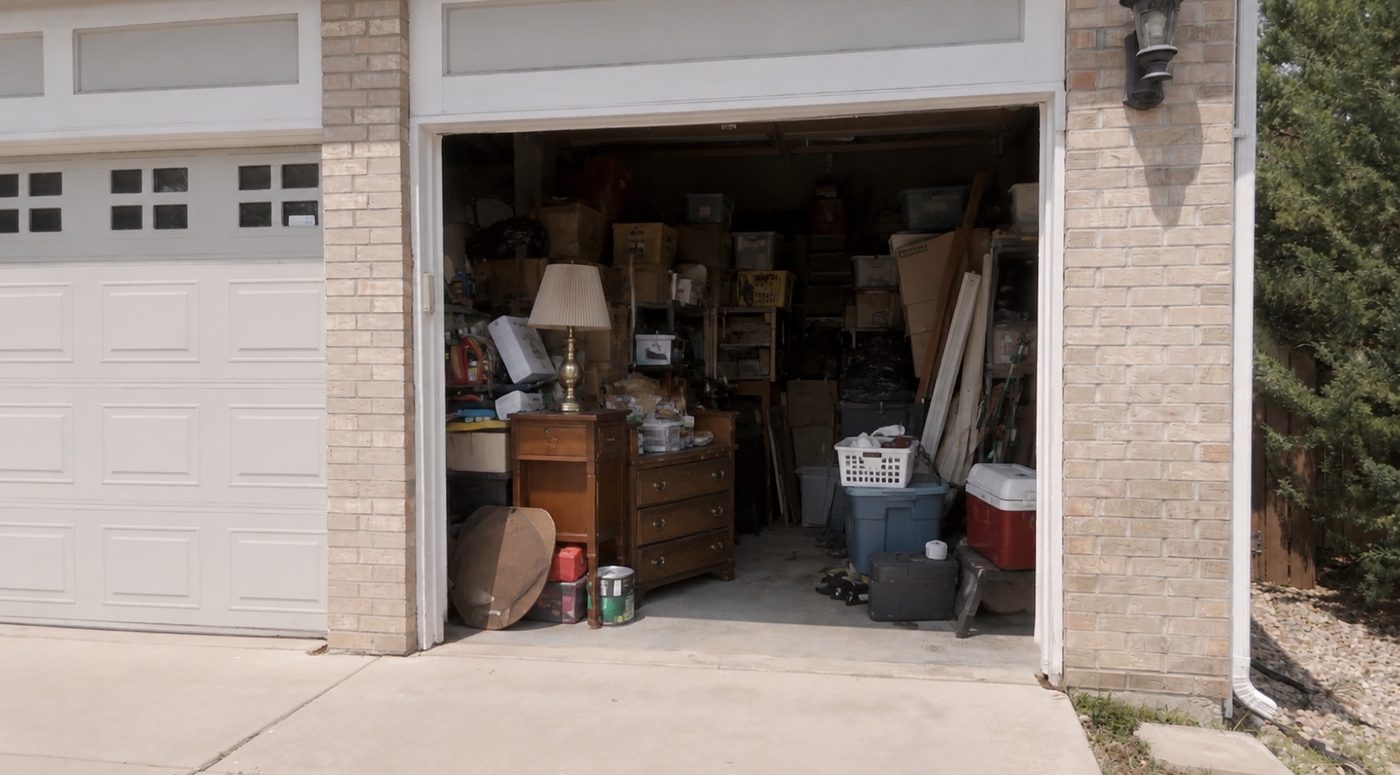 Garage packed with old furniture, boxes, and clutter before cleanout